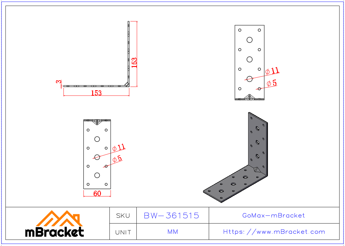 Extended L-Shaped Angle Bracket Connector - 3*60*150*150 Product Dimensions