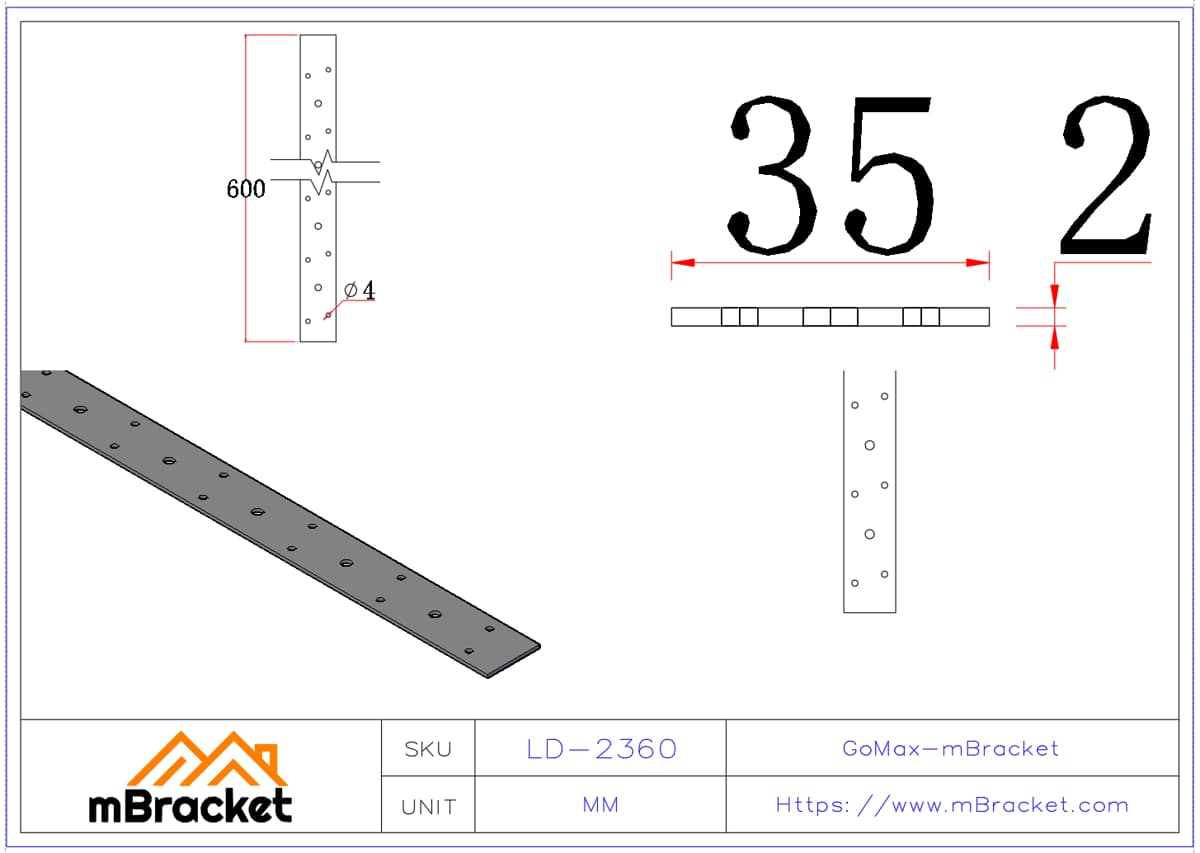 Wind-Resistant Strap, Hurricane Tie for Wood Houses, Metal Connector for Timber Structures - 2*35*600 Product Dimensions