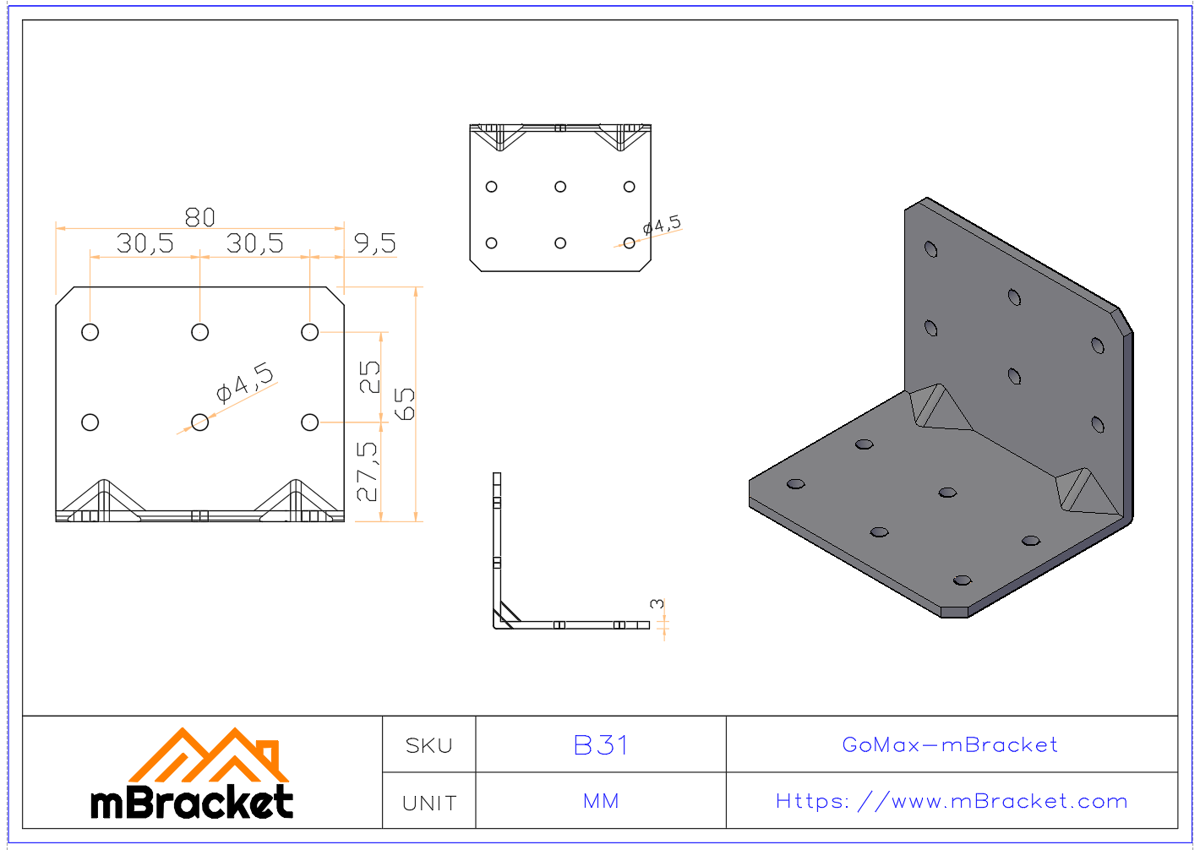 L-Shaped Angle Bracket Wood Structural Connector Angle Iron Fastener - 3*80*65*65 Product Dimensions