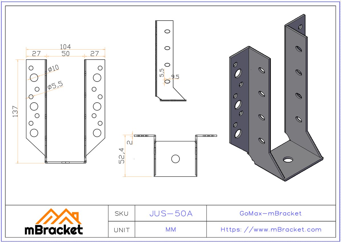 U-Shaped Stud Hanger Light Gauge Steel Stud Horizontal Connector Beam Connector - 2*50*137 Product Dimensions