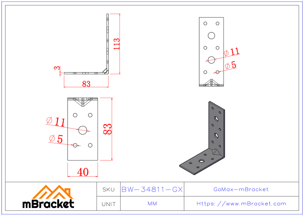 L-Shaped Angle Bracket Connector Structural Reinforcement Hardware - 3*40*80*110 Product Dimensions