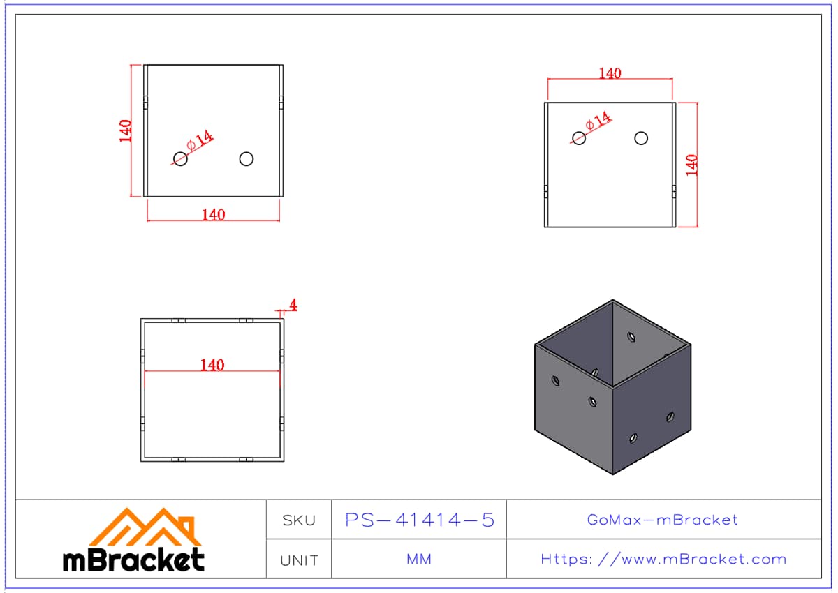 Square Column Base Connector Post Base Sleeve without Base Plate - 4*140*140*140 Product Dimensions