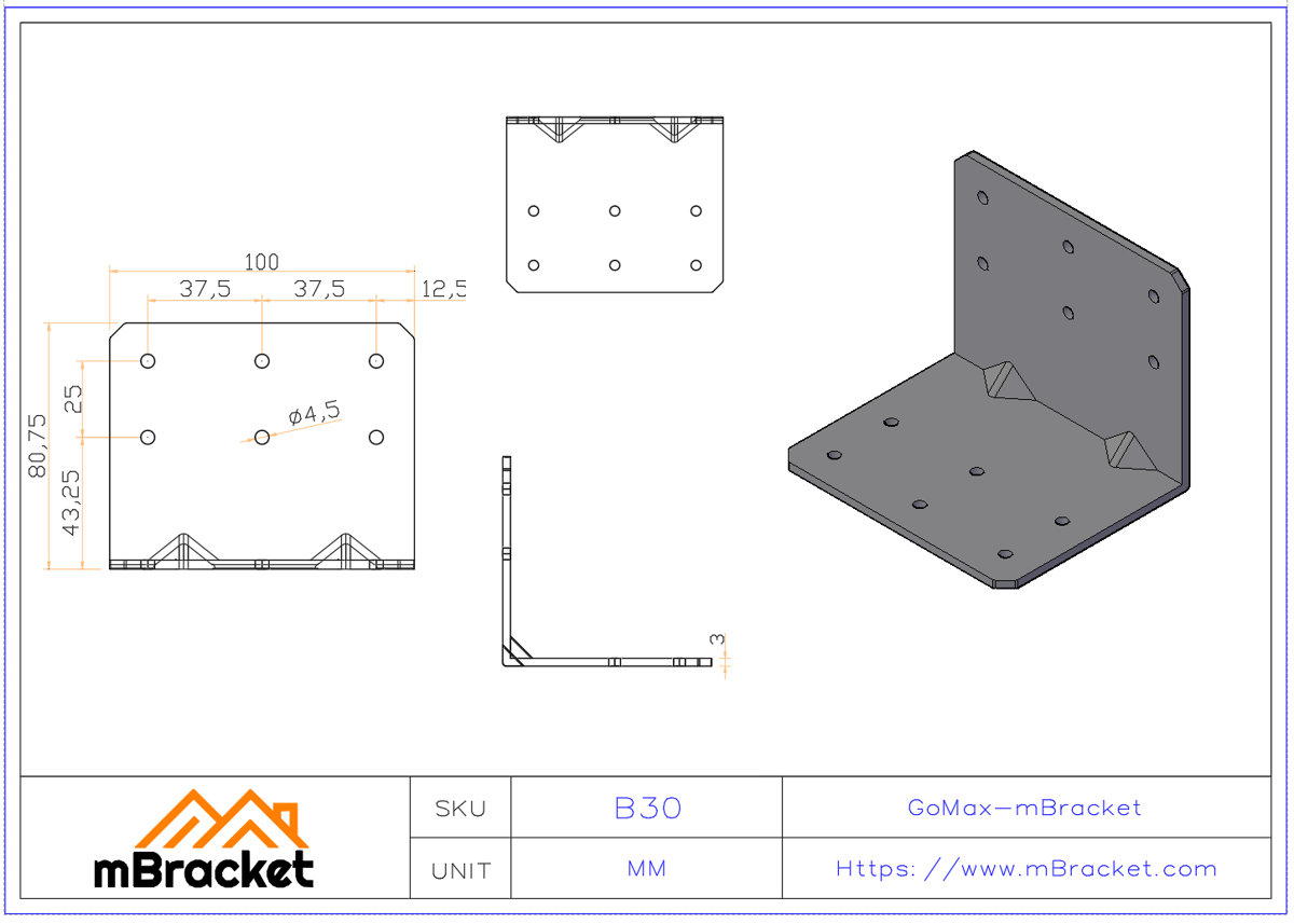 L-Shaped Angle Bracket Wood Structure Connector - 3*100*80*80 Product Dimensions
