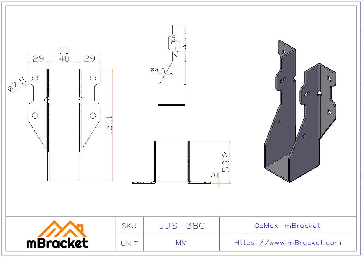 U-Shaped Beam Hanger Connector for Wood Structure Joist and Beam Horizontal Connection - 2*38*151 Product Dimensions