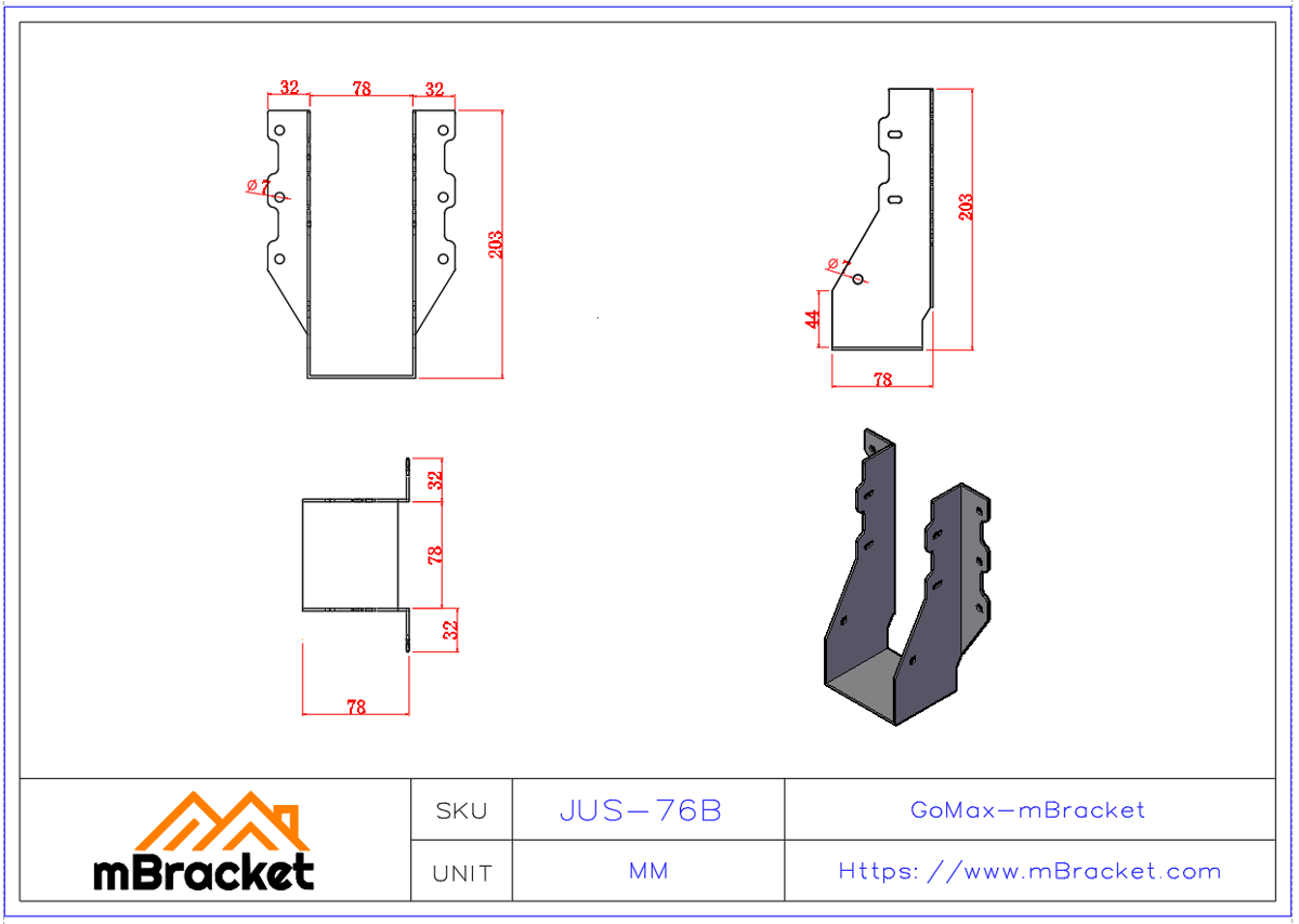 U-Shaped Beam Hanger Connector Wood Structure Beam-Column Reinforcement Bracket - 2*76*200 Product Dimensions