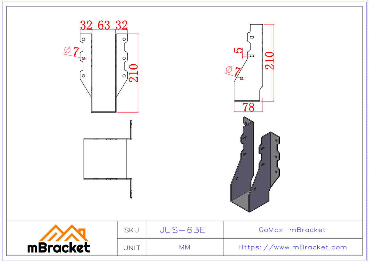 U-Shaped Beam Hanger Wood Structure Horizontal Connector Joist and Beam Metal Fittings - 2*63*210 Product Dimensions