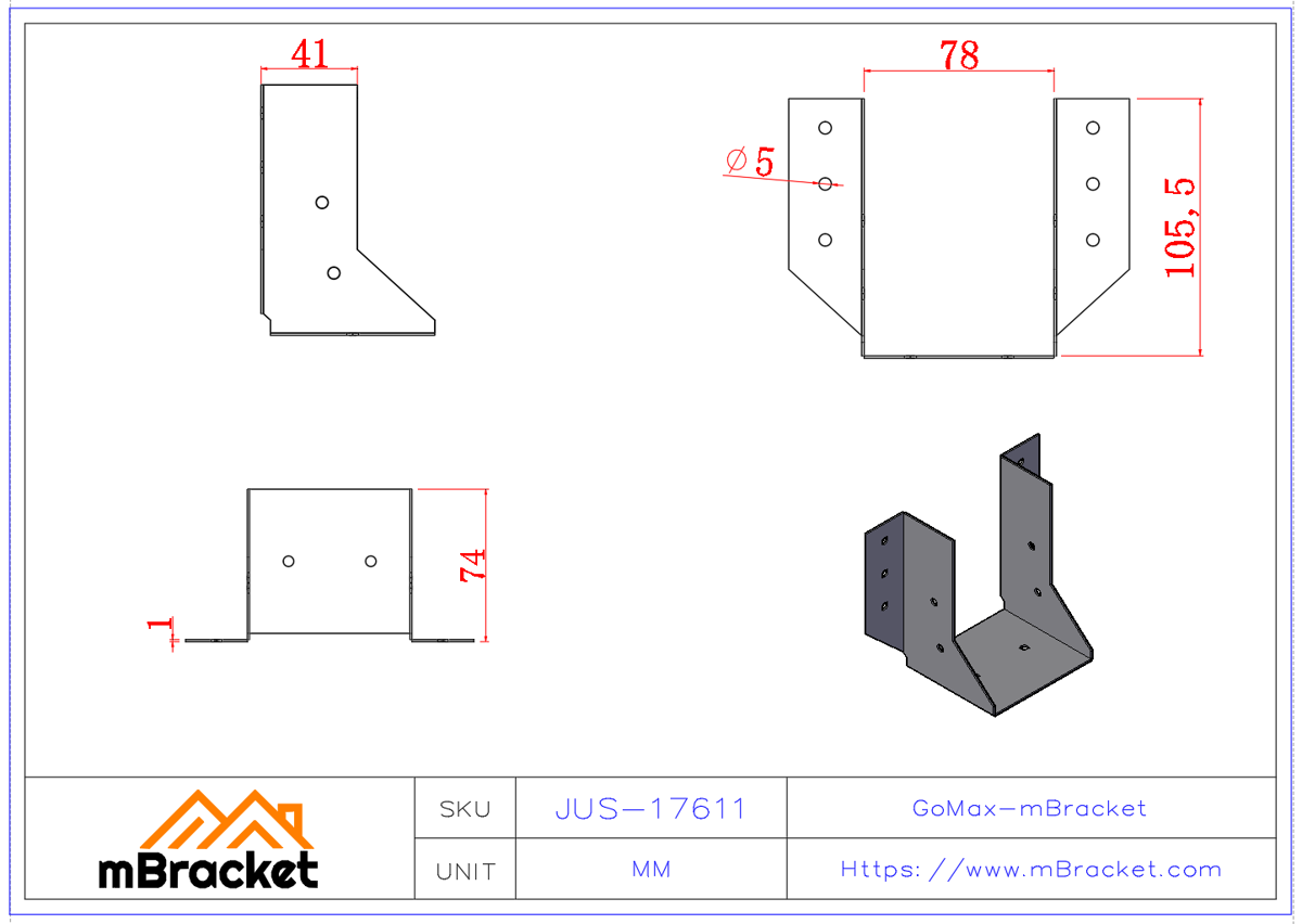 U-Shaped Beam Hanger Connector Wood Structure Beam-Column Fixing Bracket - 1*76*110 Product Dimensions