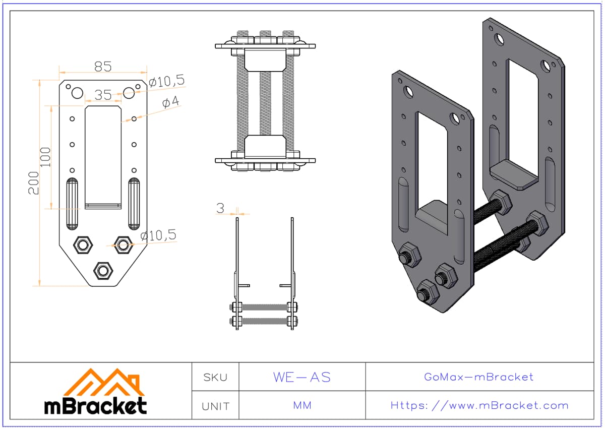 Adjustable Embedded Post Base Connector - 3.0*85*200 Product Dimensions