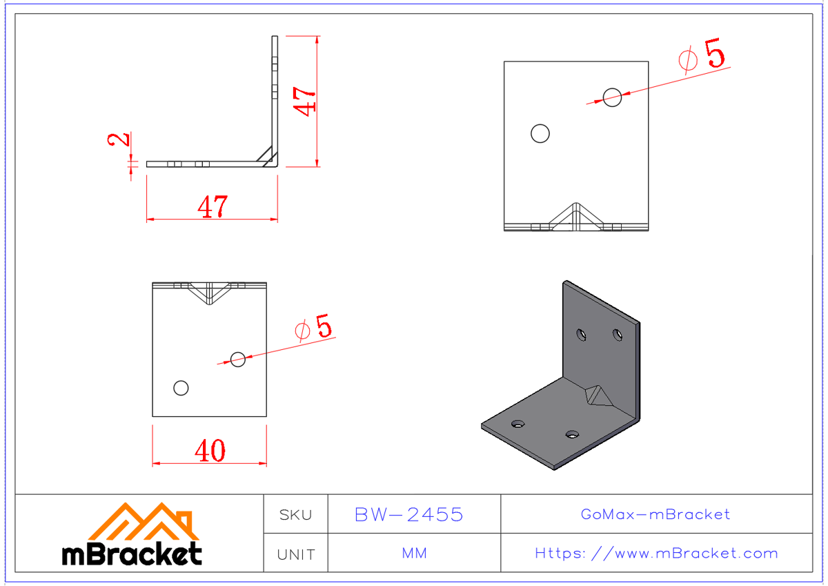 Angle Bracket L-Type Connector - 2*40*50*50 Product Dimensions