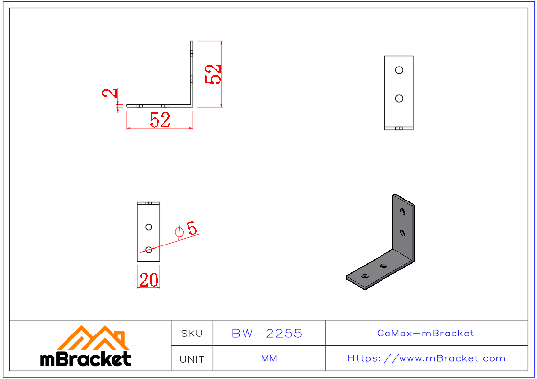 Small Angle Bracket Connector - 2*20*50*50 Product Dimensions