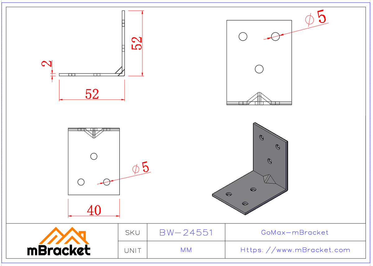 Angle Iron - Angle Bracket - L-Bracket - 2*40*50*50 Product Dimensions