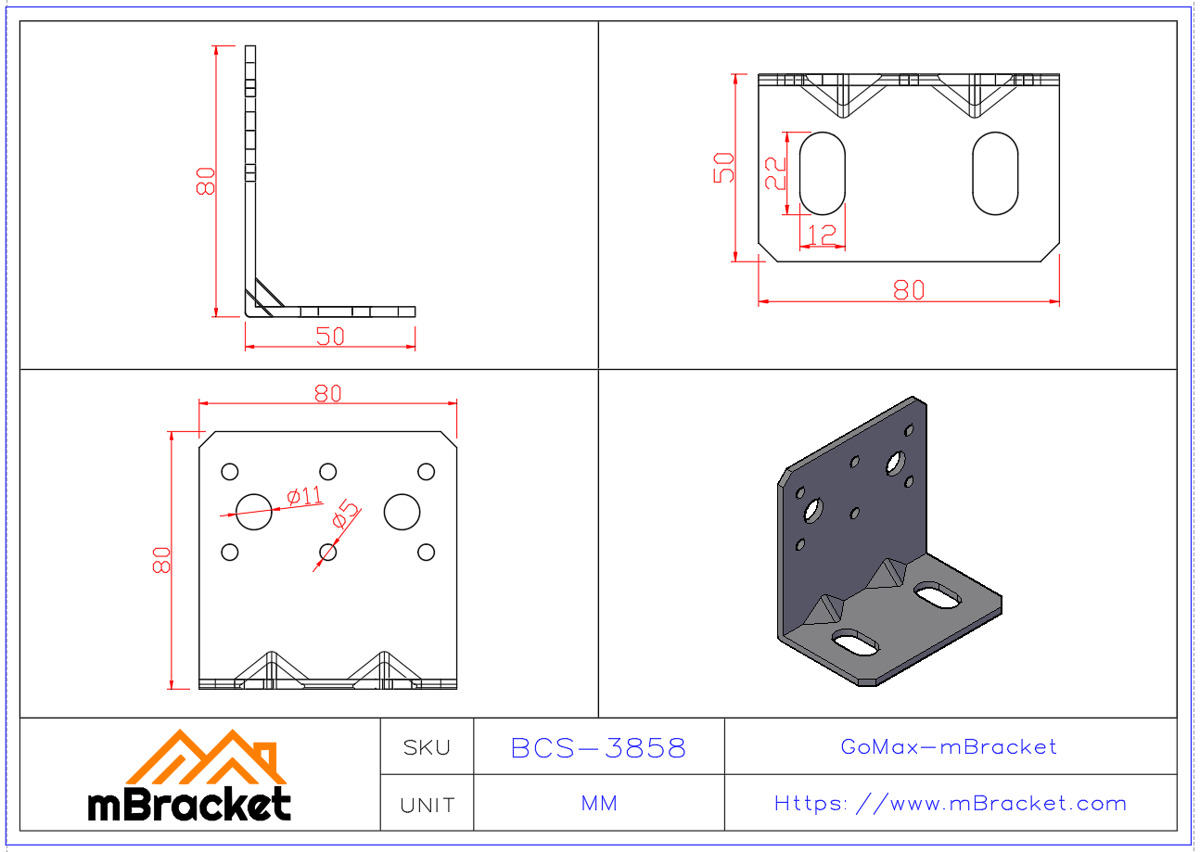Medium Angle Bracket L-Shaped Steel Connector - 3*80*50*80 Product Dimensions