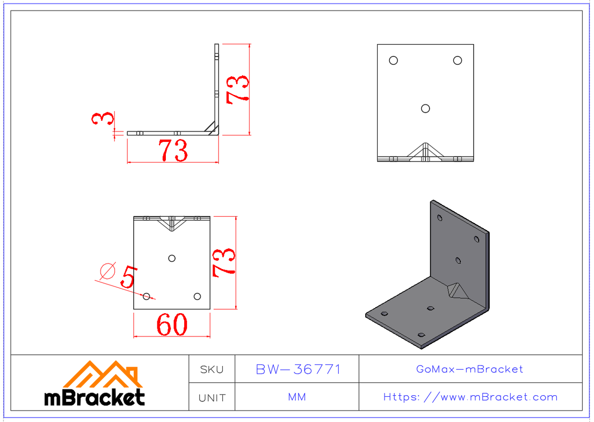 L-Shaped Angle Bracket Connector Structural Reinforcement Angle Iron - 3*60*73*73 Product Dimensions