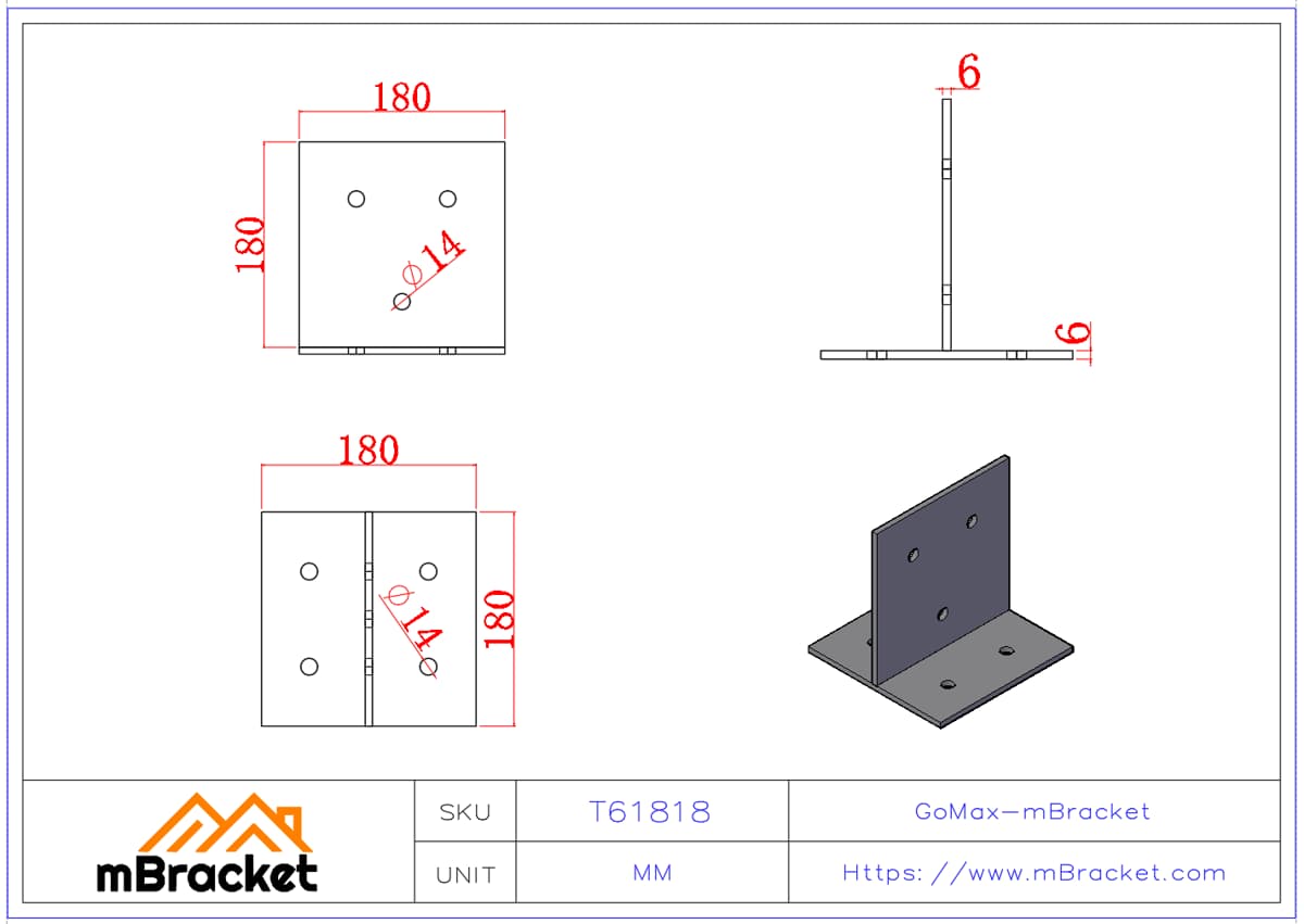 T-Shaped Post Base Concealed Large Angle Bracket Post-to-Concrete Connector - 6*180*180 Product Dimensions