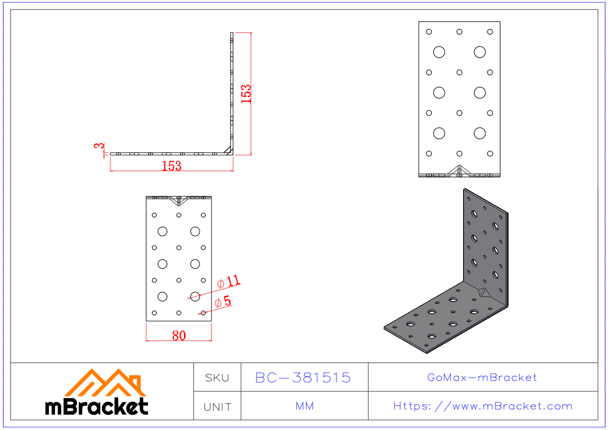 Angle Bracket Connector L-Shaped Steel Bracket Wood Structure Reinforcement Hardware - 3*80*150*150 Product Dimensions
