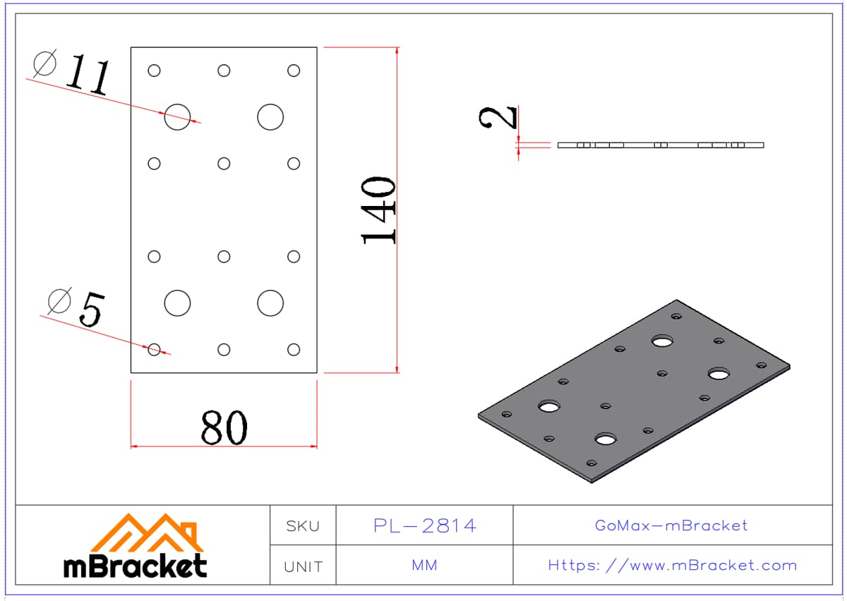 Flat Beam Connector - Timber Structure Villa Metal Accessories - 2*80*140 Product Dimensions