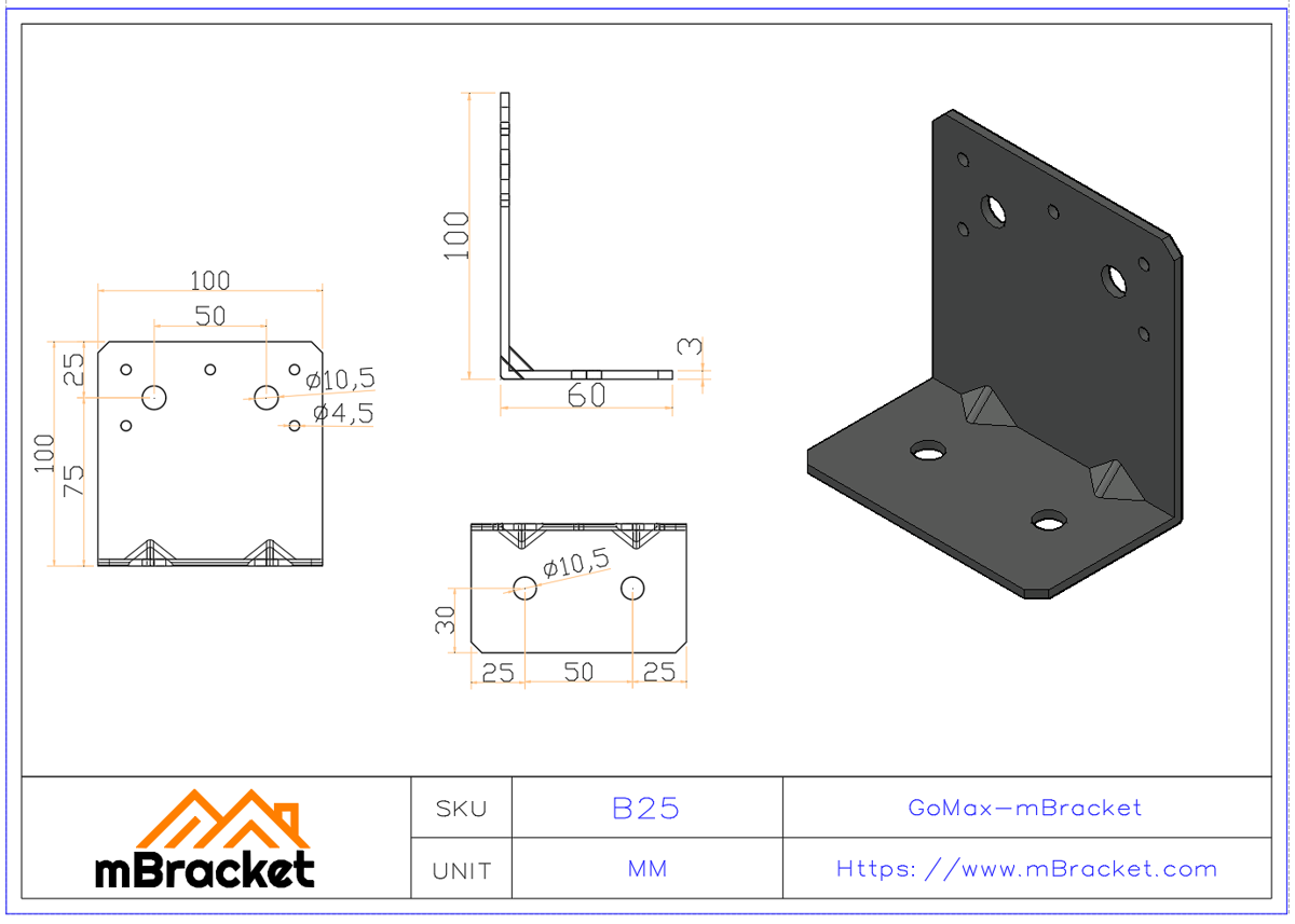 Angle Bracket L-Shaped Connector Structural Reinforcement Hardware - 3*100*60*100 Product Dimensions