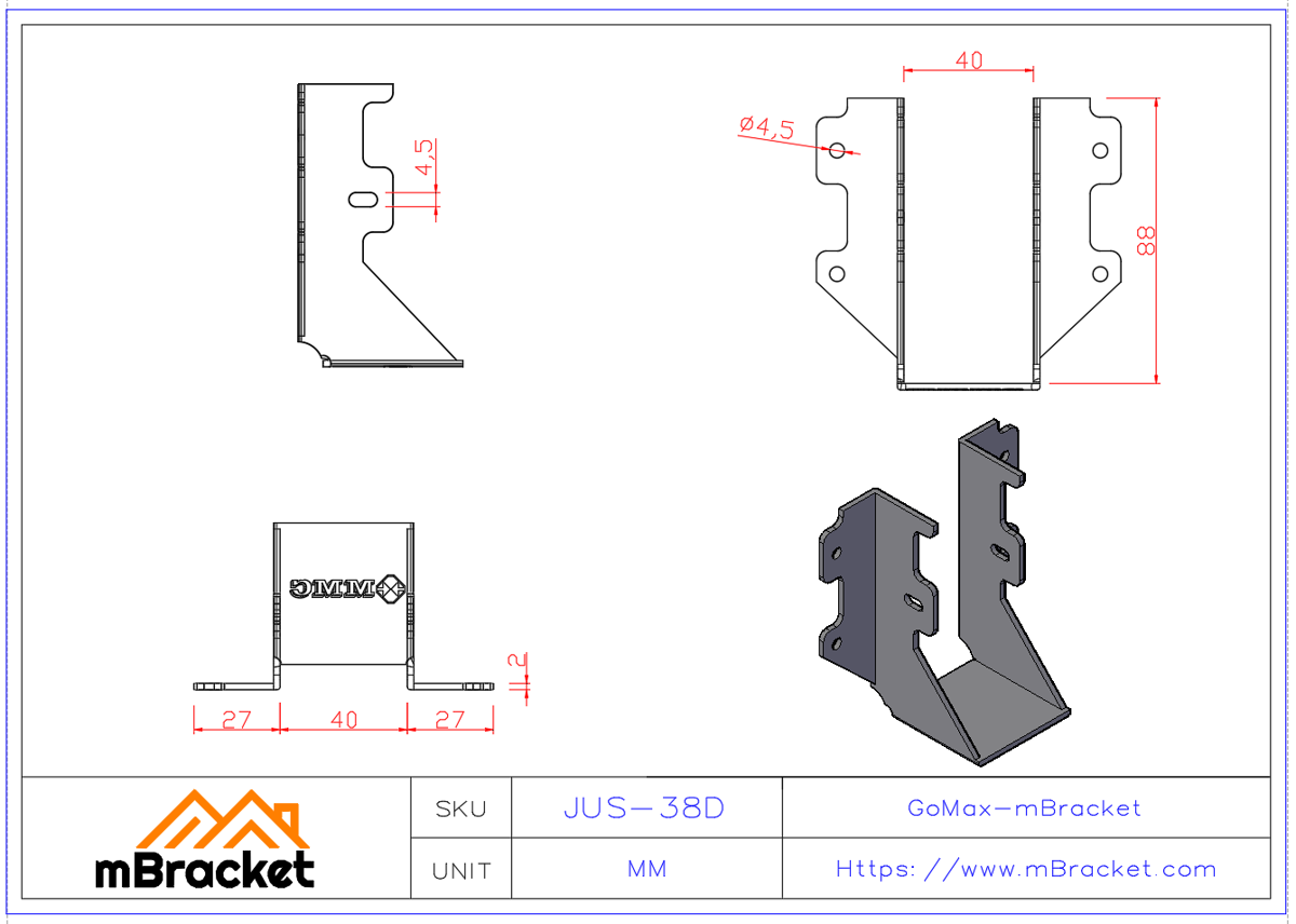U-Shaped Beam Hanger Connector Horizontal Joist-to-Beam Connection for Wood Structures - 2*38*89 Product Dimensions