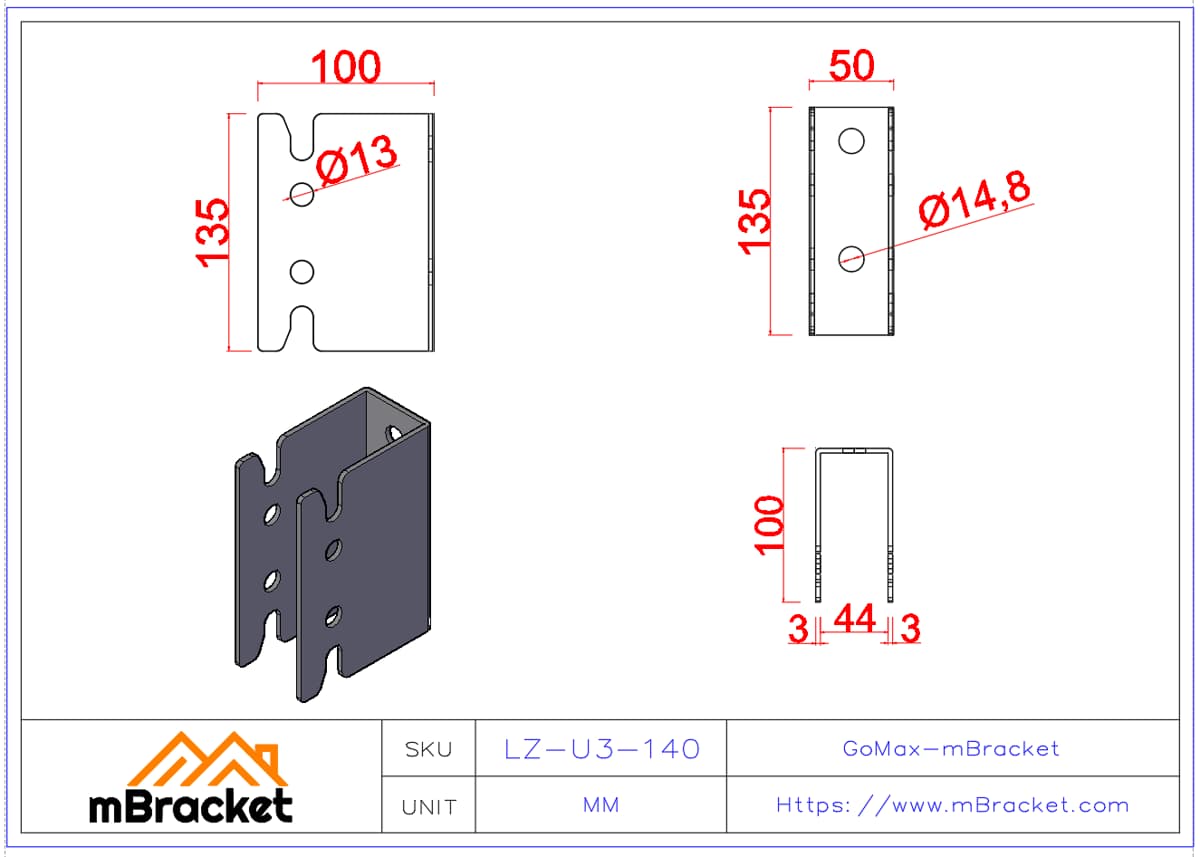 Concealed U-Shaped Beam-to-Column Connector for Japanese Timber Structures - 3*50*135 Product Dimensions