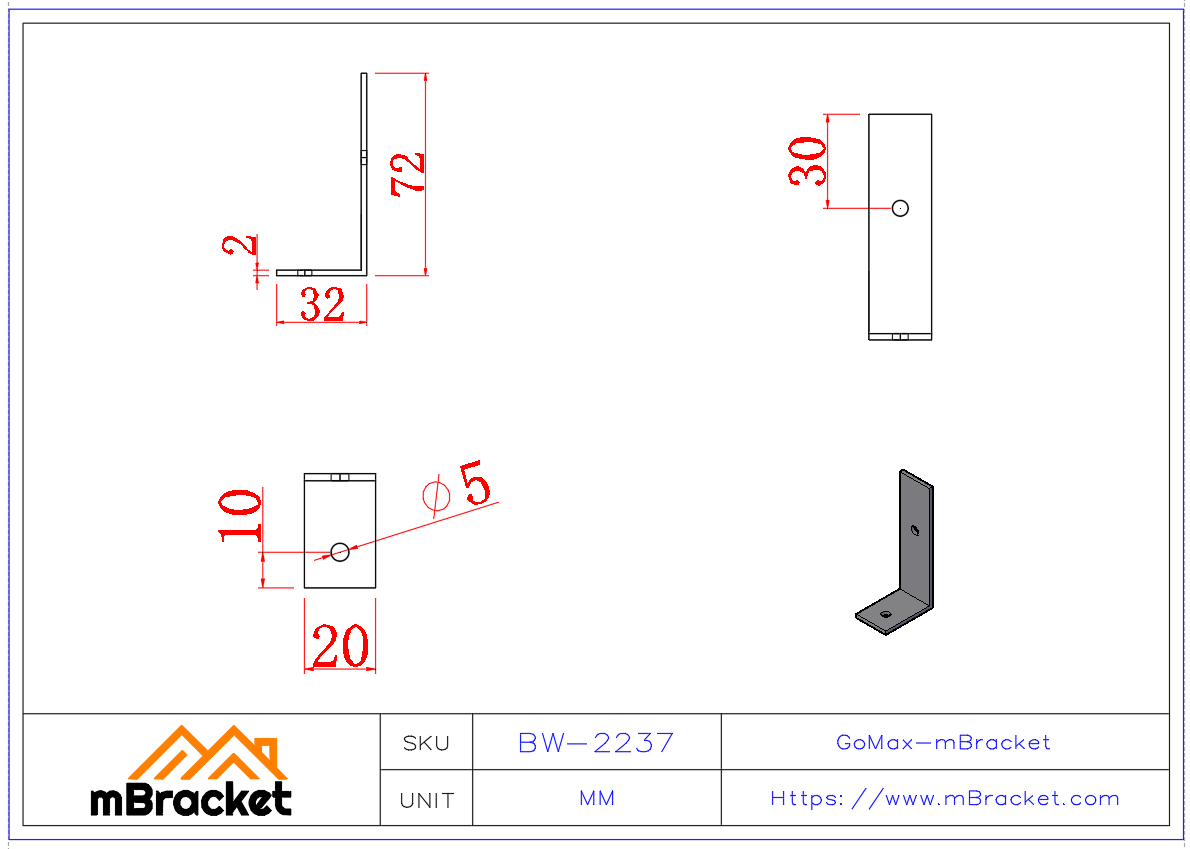 Small Angle Bracket Connector - 2*20*30*70 Product Dimensions