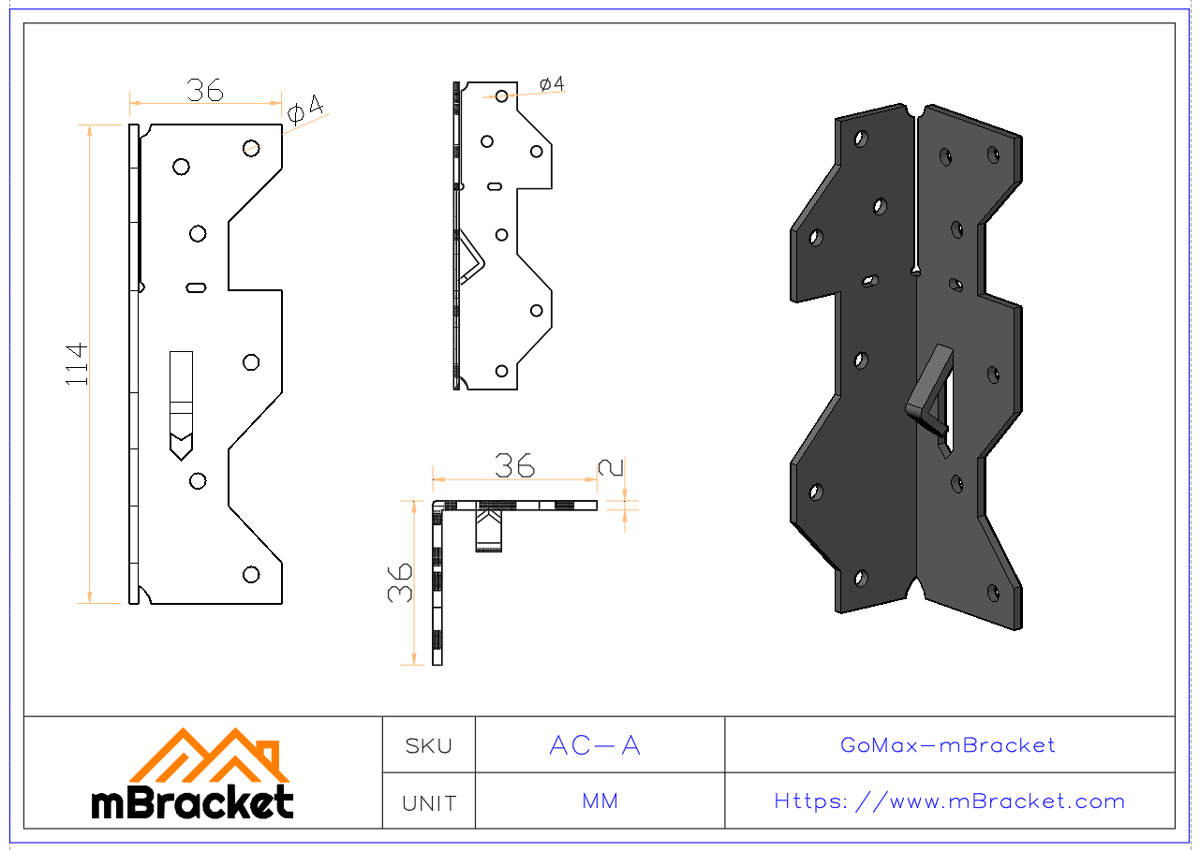Horizontal Angle Bracket Connector - Large Product Dimensions