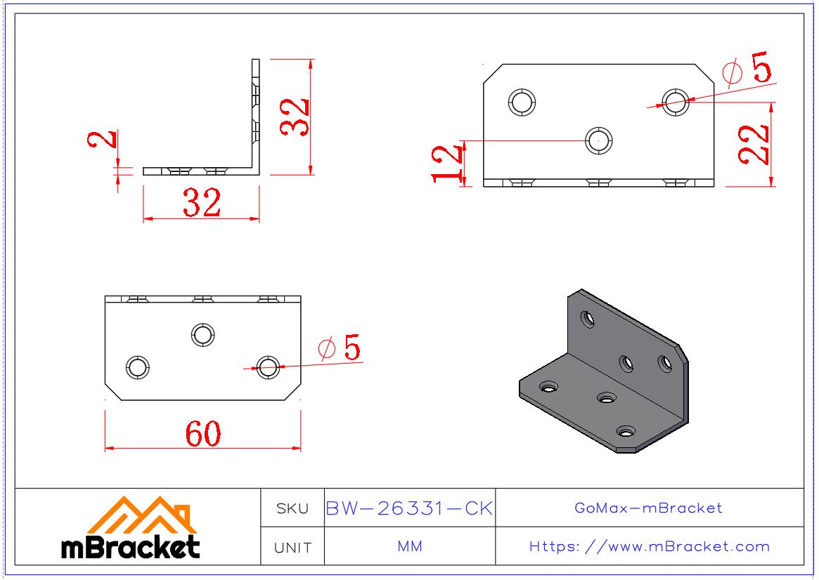 L-Shaped Angle Bracket Connector - Countersunk Product Dimensions