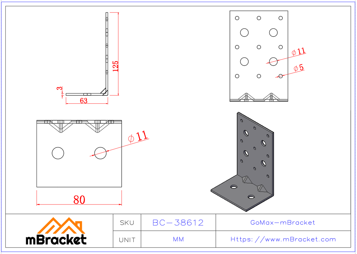 L-Shaped Angle Bracket Connector Structural Reinforcement Hardware - 3*80*60*125 Product Dimensions