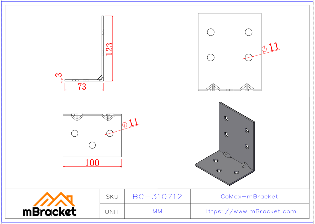 Angle Bracket Connector L-Shaped Steel Structural Reinforcement Hardware - 3*100*70*120 Product Dimensions