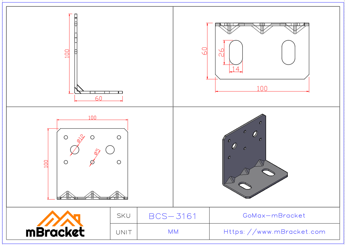 Medium Angle Bracket L-Type Connector Angle Iron Structural Reinforcement Hardware - 3*100*60*100 Product Dimensions