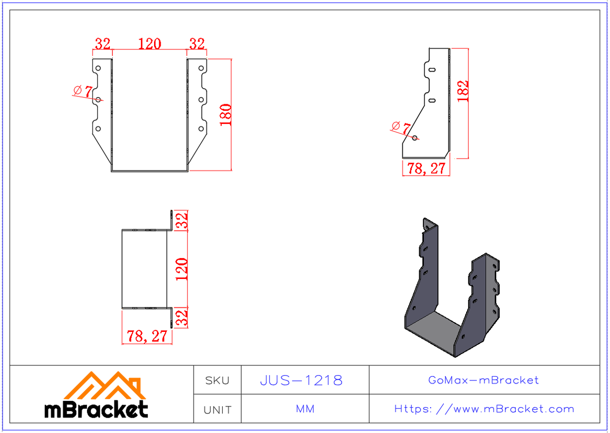 U-Shaped Beam Hanger Horizontal Wood Structure Connector - 2*120*180 Product Dimensions