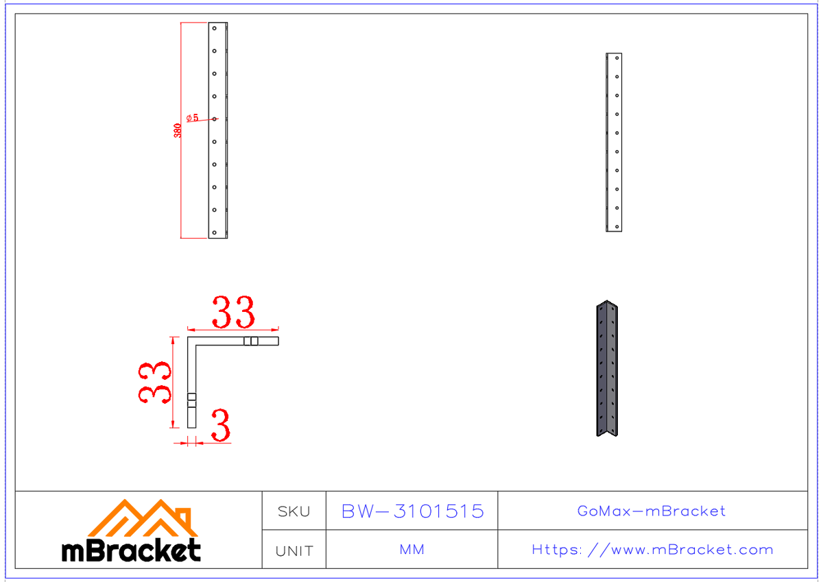 Extended Angle Bracket Steel Connector L-Type Wall Corner Reinforcement - 3*380*33*33 Product Dimensions