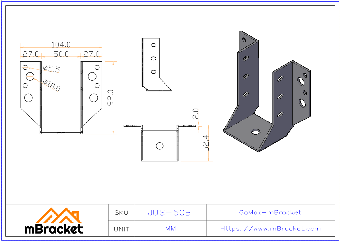 U-Shaped Beam Hanger Connector 50mm Joist-to-Beam Horizontal Connector - 2*50*92 Product Dimensions