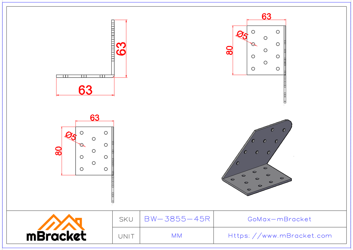 45-Degree Angle Bracket Skewed Connector Right-Handed - 3*80*60*60 Product Dimensions