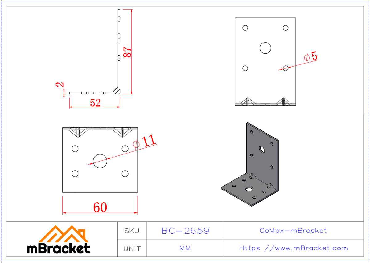 L-Shaped Angle Bracket Connector - 2*60*50*90 Product Dimensions