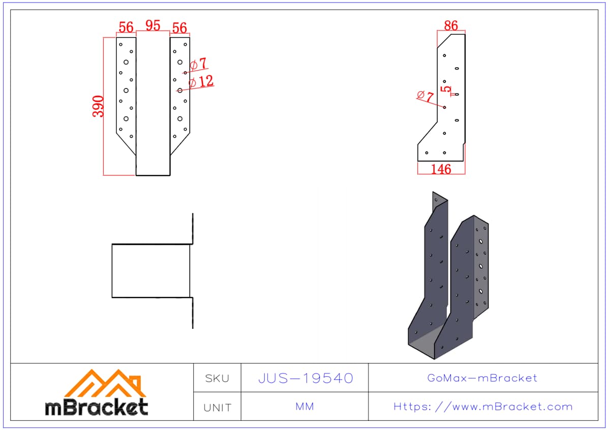 U-Shaped Joist Hanger for Wood and Light Steel Composite Beams - 3*95*390 Product Dimensions