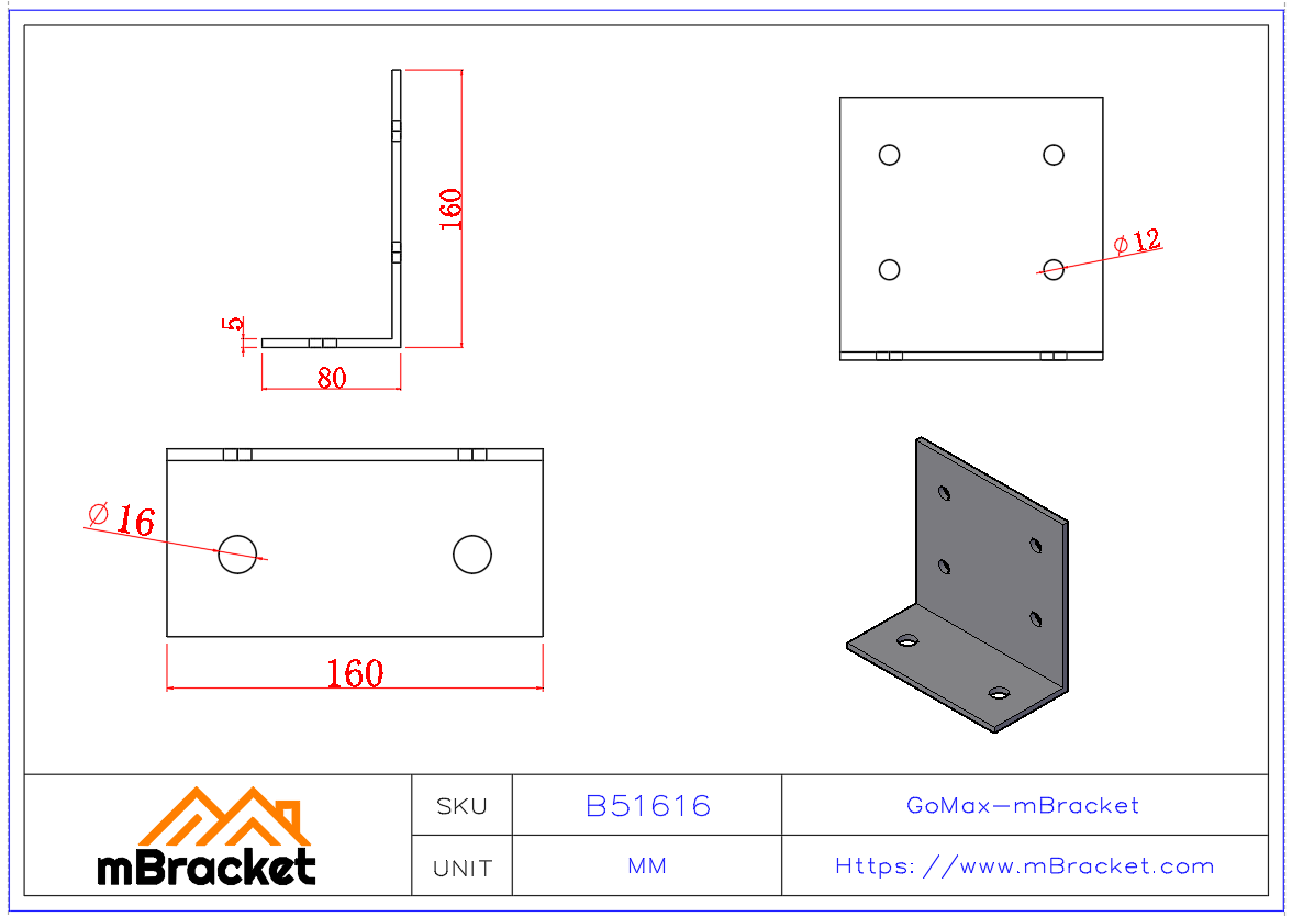 Heavy-Duty Thickened Angle Bracket Structural Reinforcement Connector - 5*160*80*160 Product Dimensions