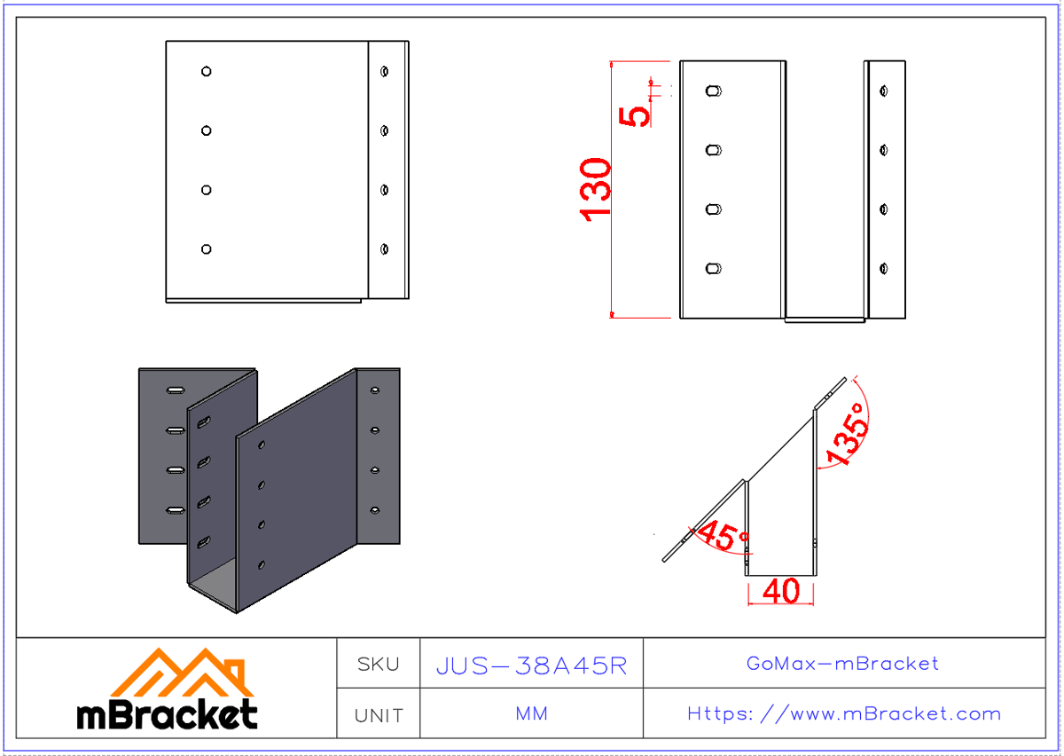 45-Degree U-Shaped Beam Hanger Connector Wood Structure Beam-Column Reinforcement Hardware - 2*38*130 Product Dimensions