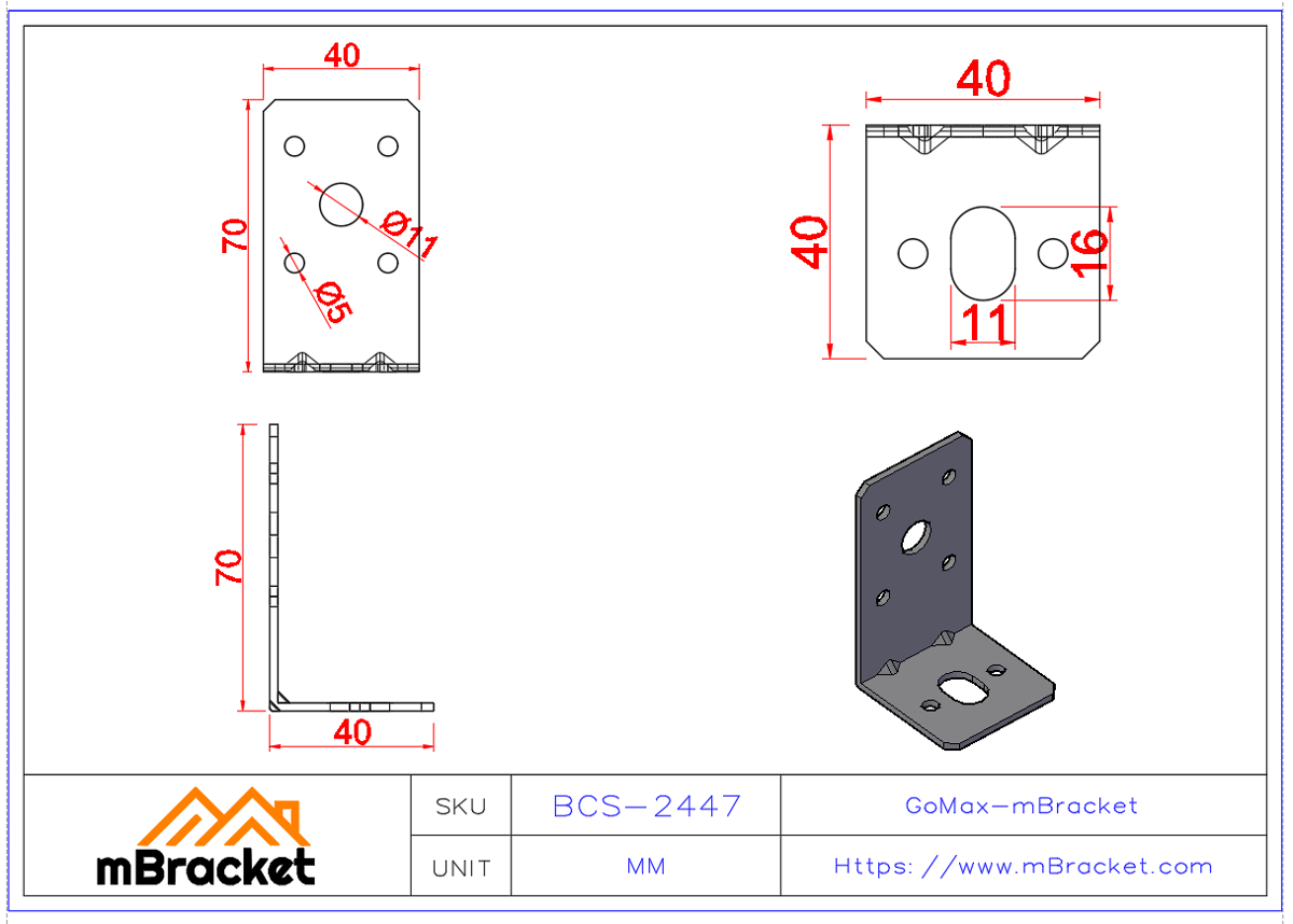Small Angle Bracket L-Connector - 2*40*40*70 Product Dimensions