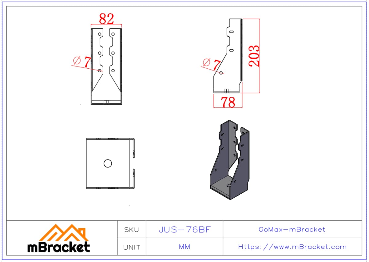 Heavy-Duty Uplift Restraint Fastener Wind and Seismic Connector - 2*82*203 Product Dimensions