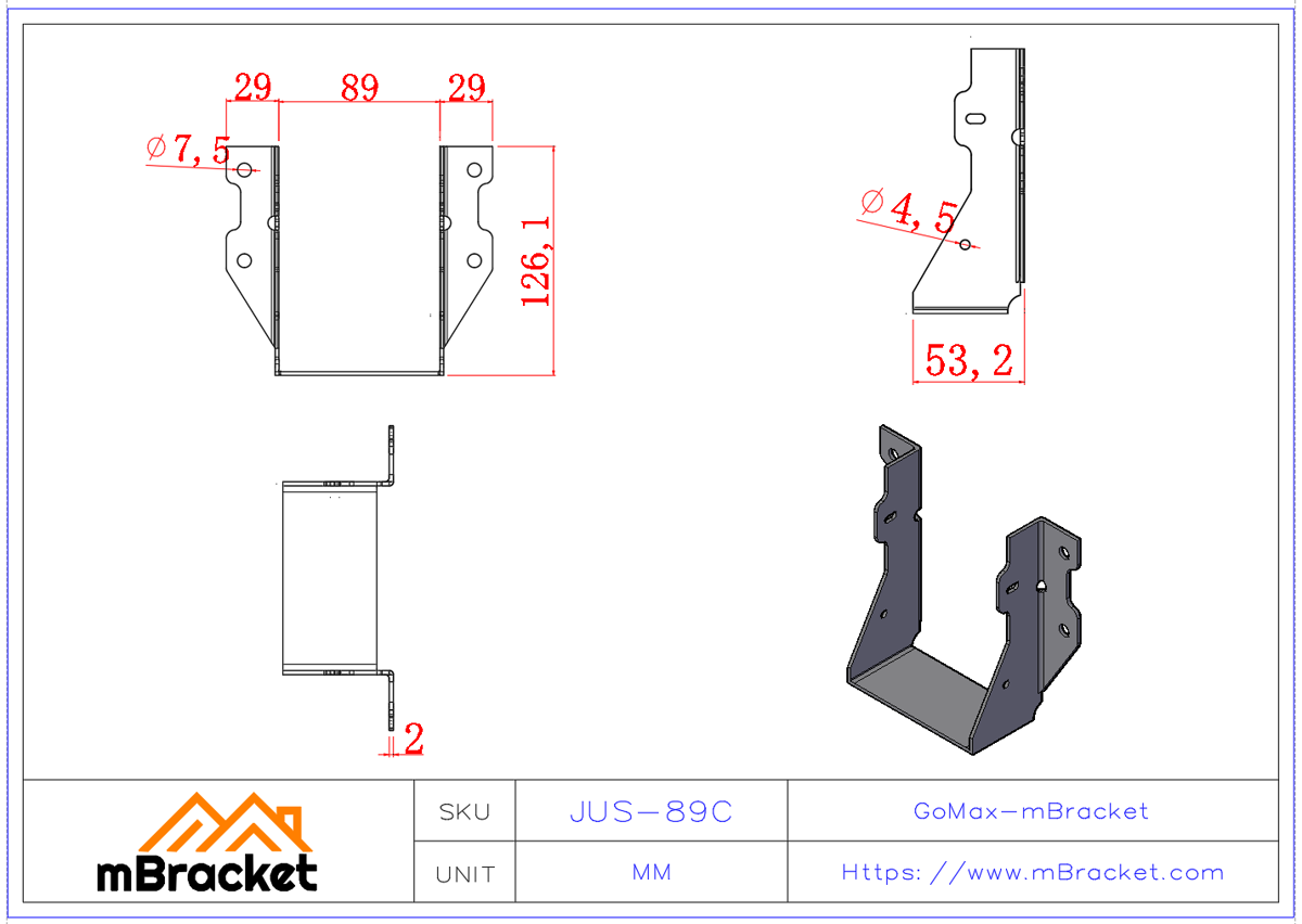 Wood Structure U-Shaped Beam Hanger Horizontal Joist and Beam Connector - 2*89*126 Product Dimensions