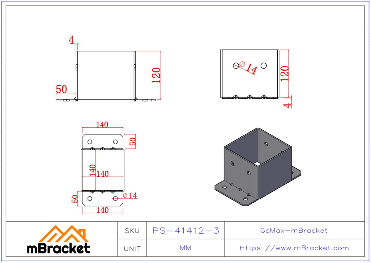Square Post Base Column Cap Sleeve Connector - 4*140*140*120 Product Dimensions