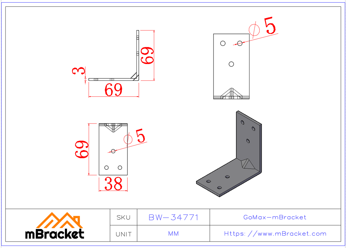 L-Shaped Angle Bracket Connector - 3*38*69*69 Product Dimensions