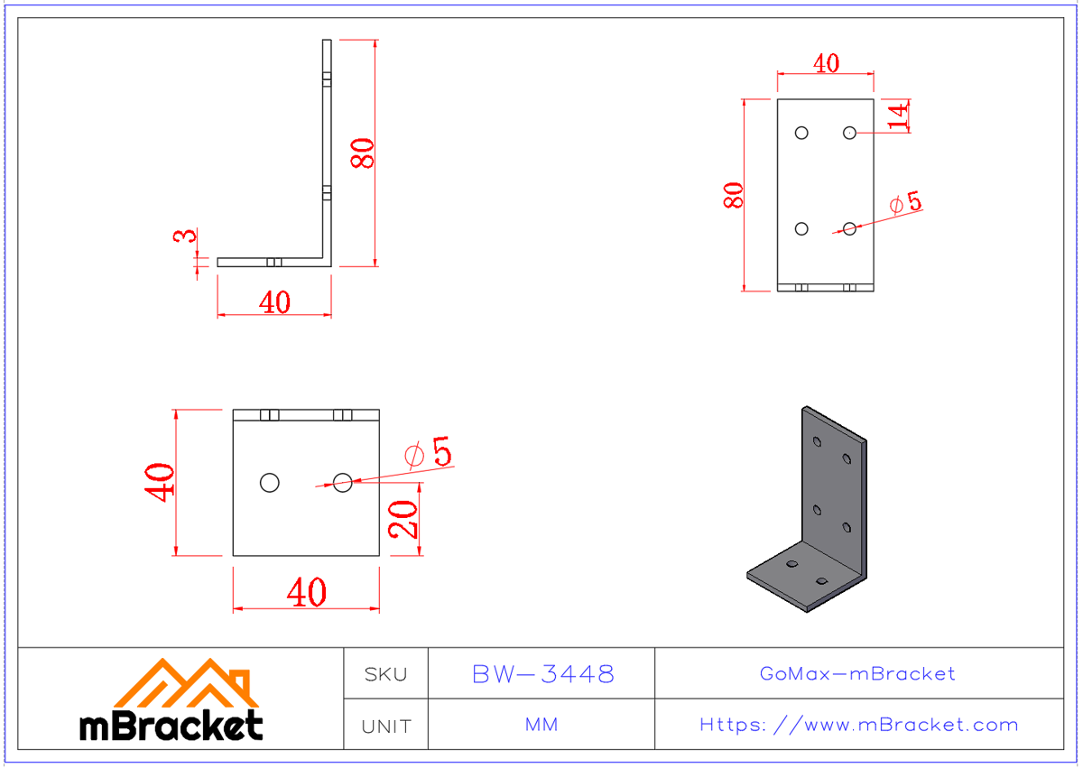 L-Shaped Angle Bracket Connector - 3*40*40*80 Product Dimensions