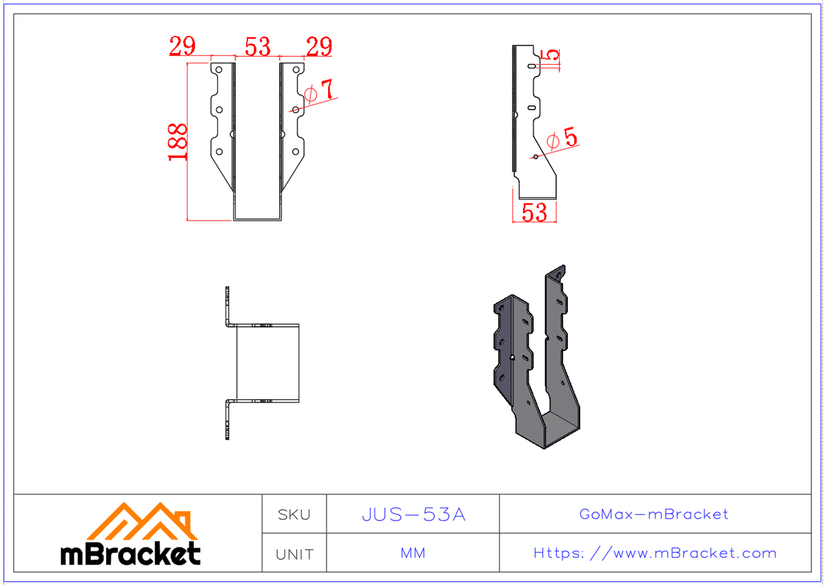 U-Shaped Beam Hanger Horizontal Wood Structure Connector - 2*53*188 Product Dimensions