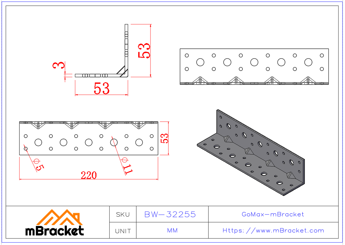 Long Angle Bracket L-Shaped Angle Iron Structural Reinforcement Connector - 3*220*50*50 Product Dimensions
