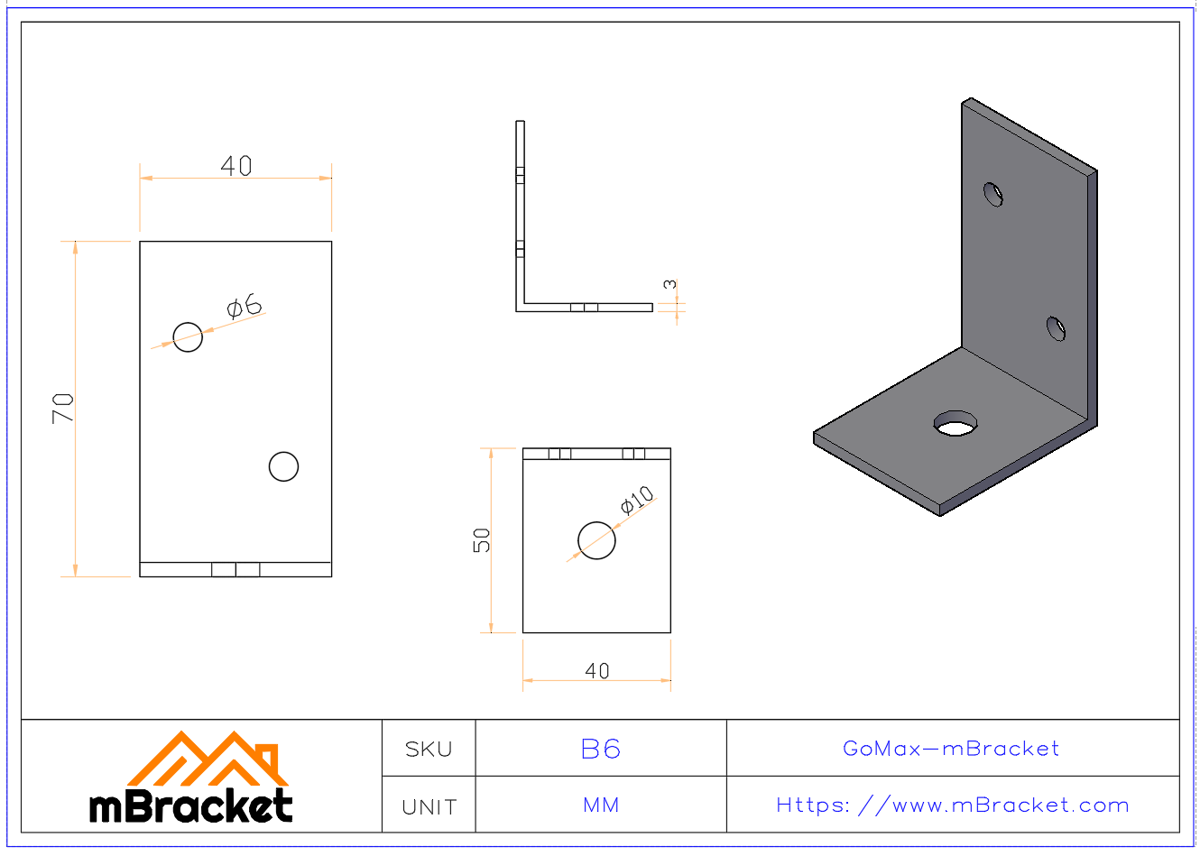 L-Shaped Angle Bracket Connector - 3*40*50*70 Product Dimensions