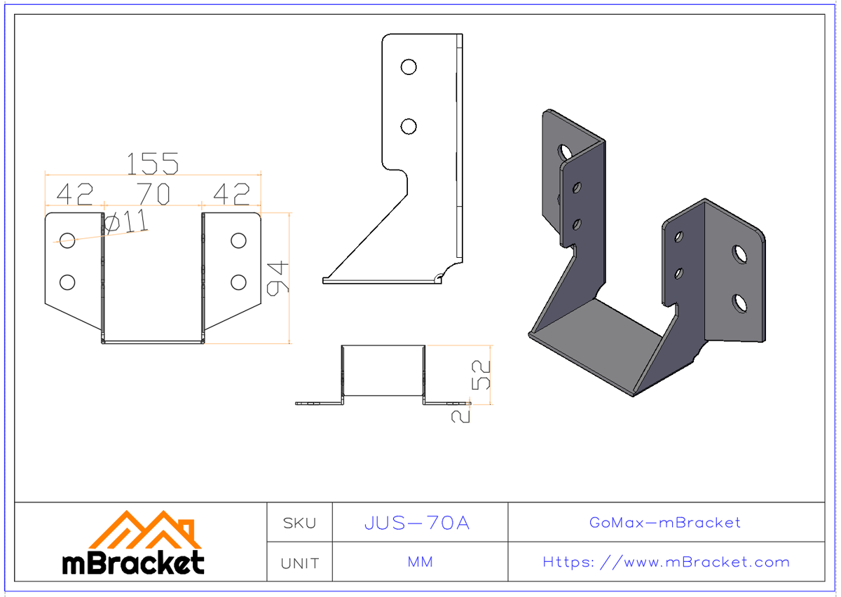 U-Shaped Stud Connector Light Gauge Steel Stud Horizontal Connector Beam Connection Bracket - 2*70*94 Product Dimensions