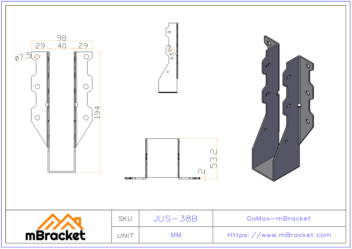 U-Shaped Beam Hanger Connector Horizontal Joist-to-Beam Fastener for Wood Structures - 2*38*194 Product Dimensions
