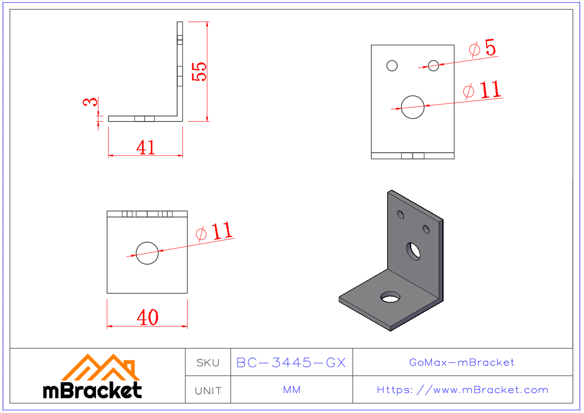 L-Shaped Angle Bracket Connector - 3*40*40*55 Product Dimensions