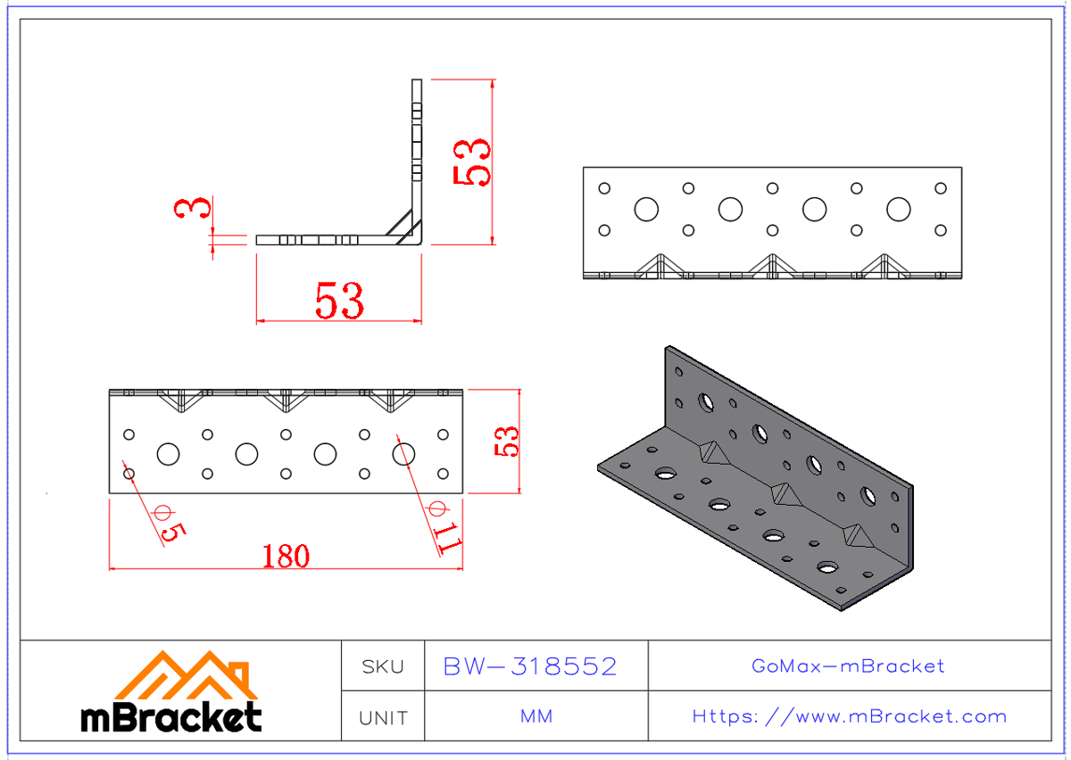 L-Shaped Angle Bracket Structural Connector Building Hardware - 3*180*50*50 Product Dimensions